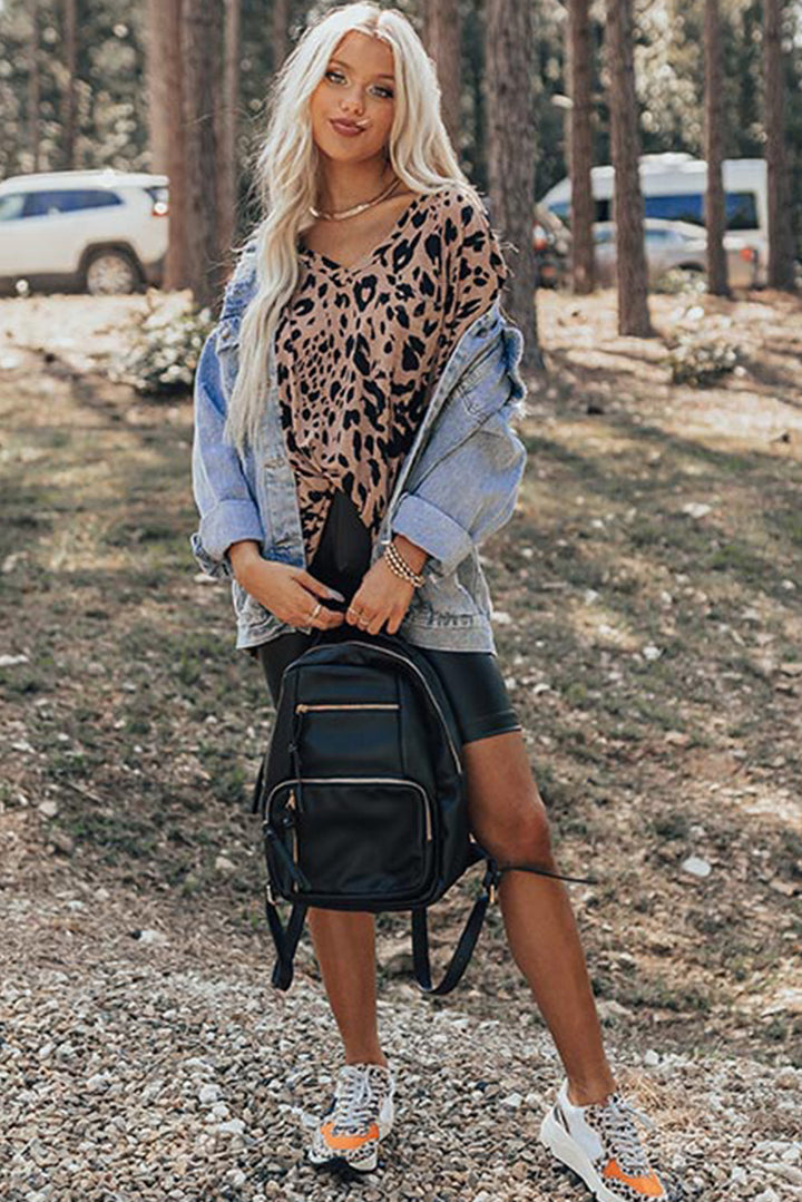 leopard print v neck half sleeve oversized tee