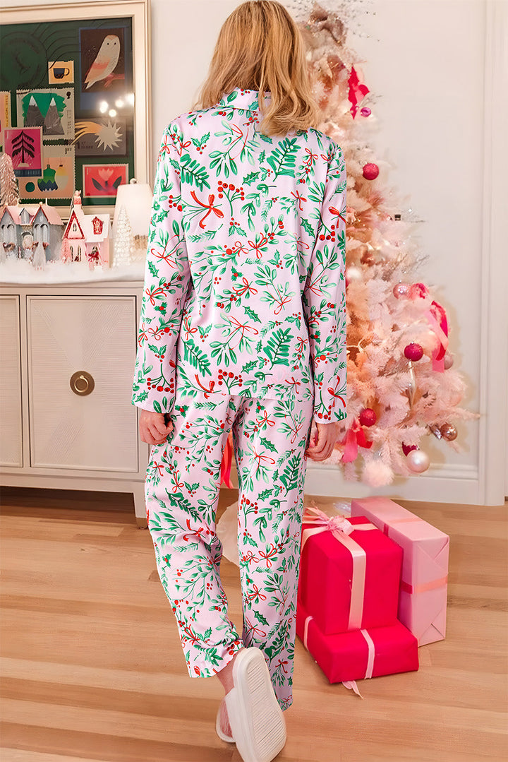 christmas berries plant print satin long sleeve pajama set