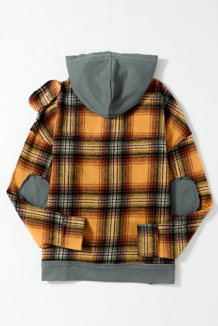 Plaid Patch Hooded Frayed Snap Button Jacket
