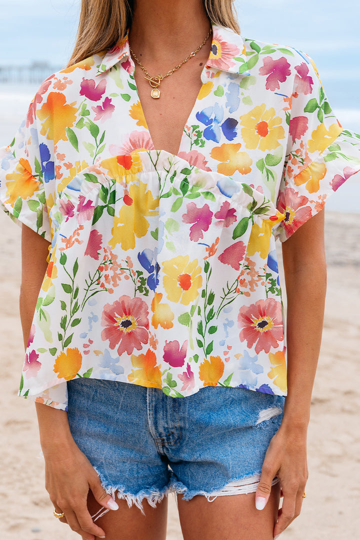floral boxy fit ruffled short sleeve v neck blouse