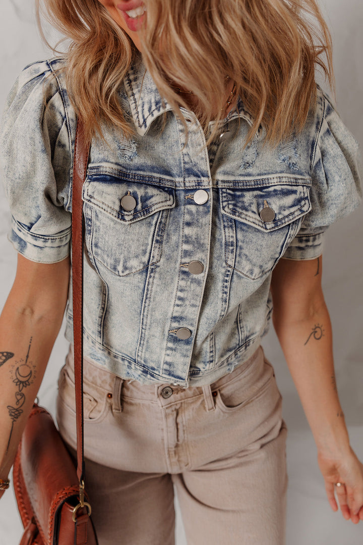 light wash buttoned chest pocket puff sleeve denim jacket