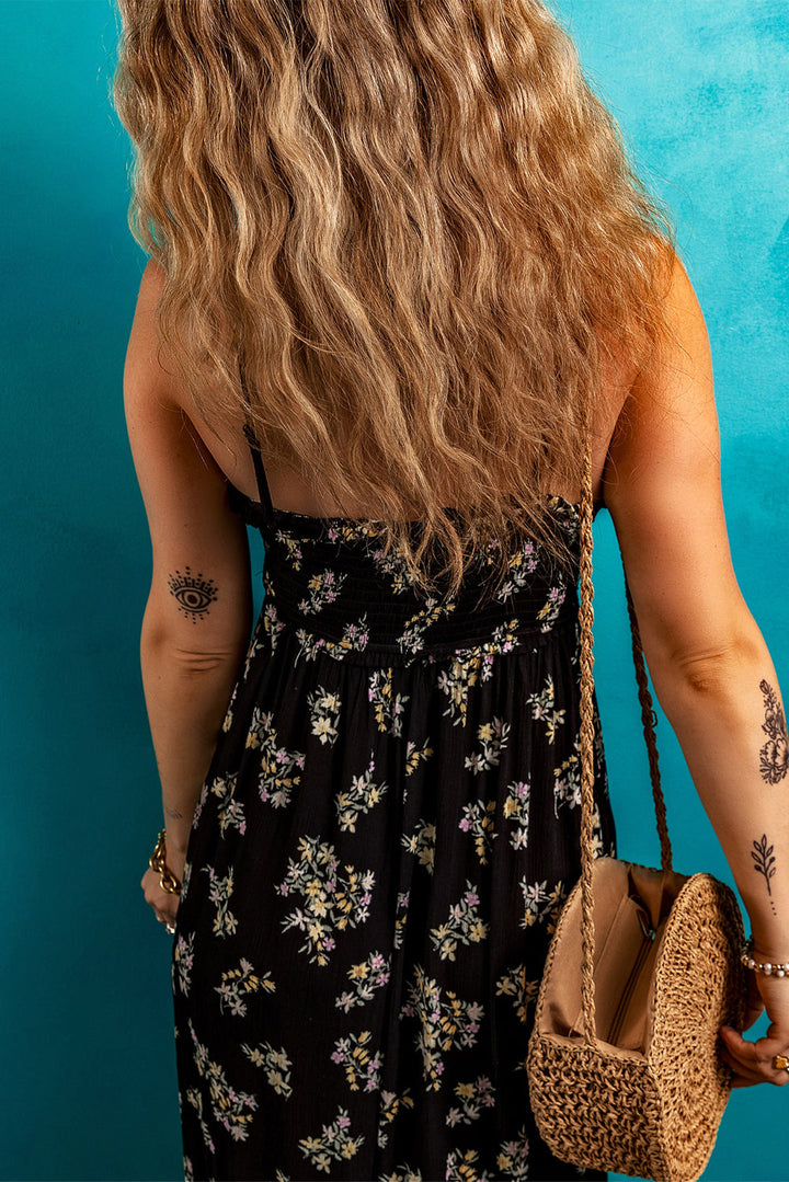 floral spaghetti strap shirred bodice tied empire waist maxi dress