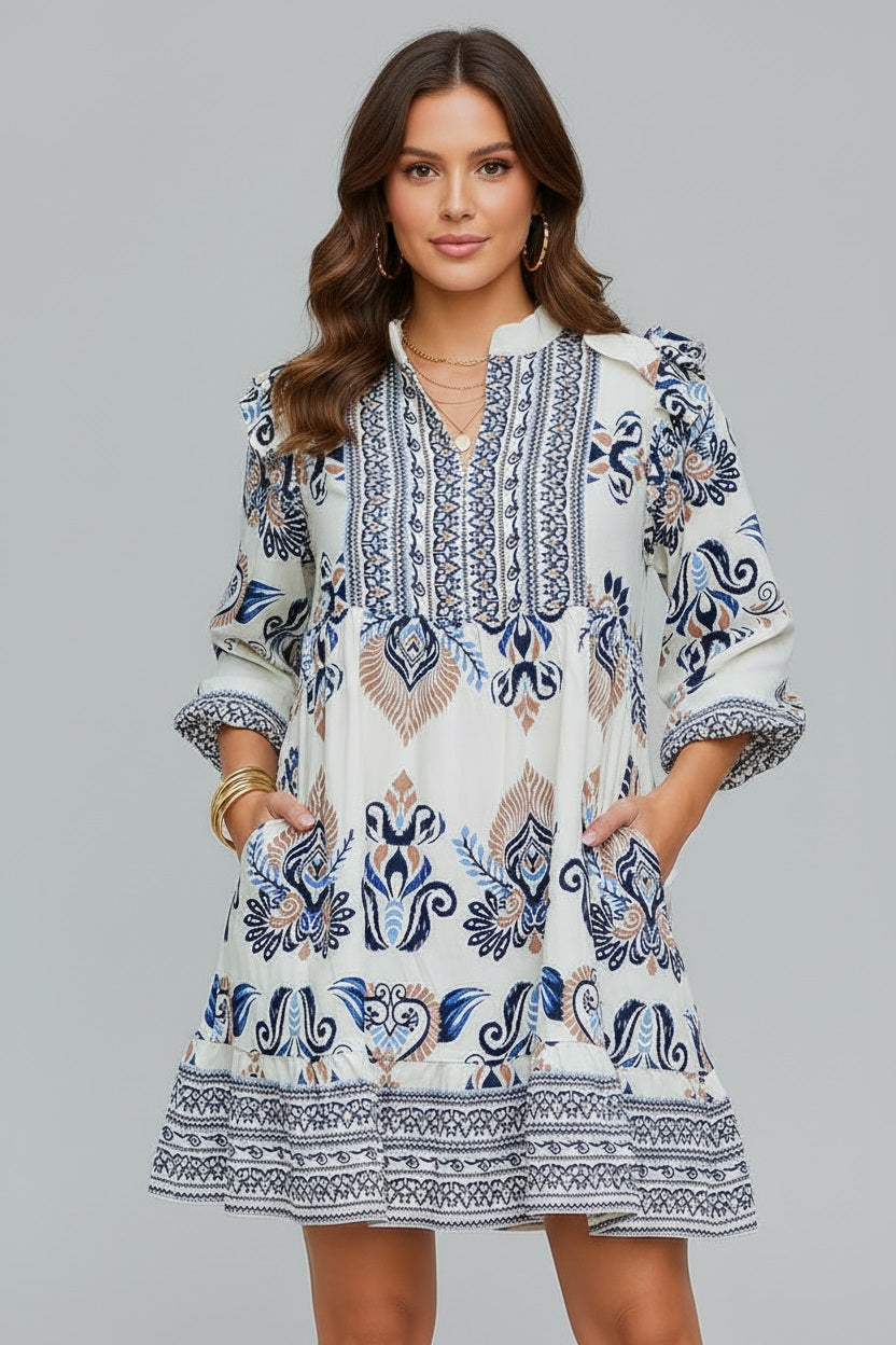 Sky Blue Plus Size Boho Print Split Neck Long Sleeve Mini Dress – ModeShe