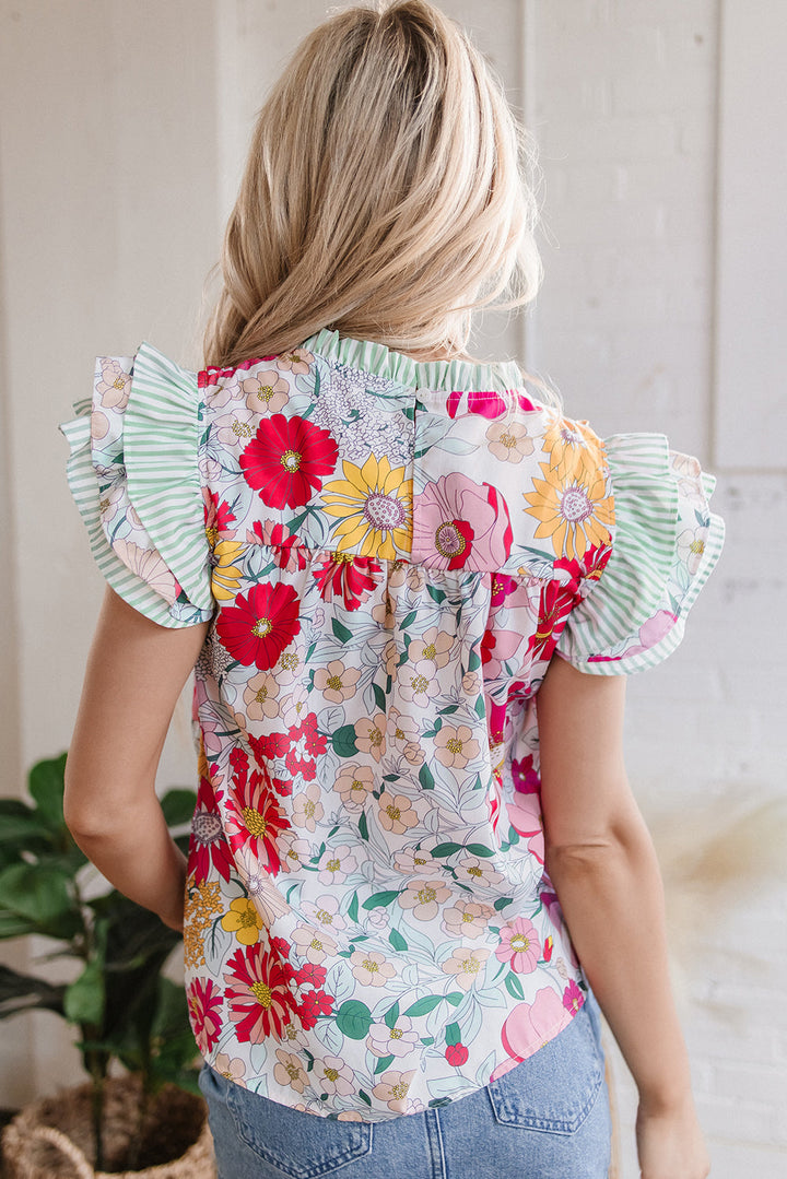 Floral Print Contrast Ruffle Trim Short Sleeve Blouse