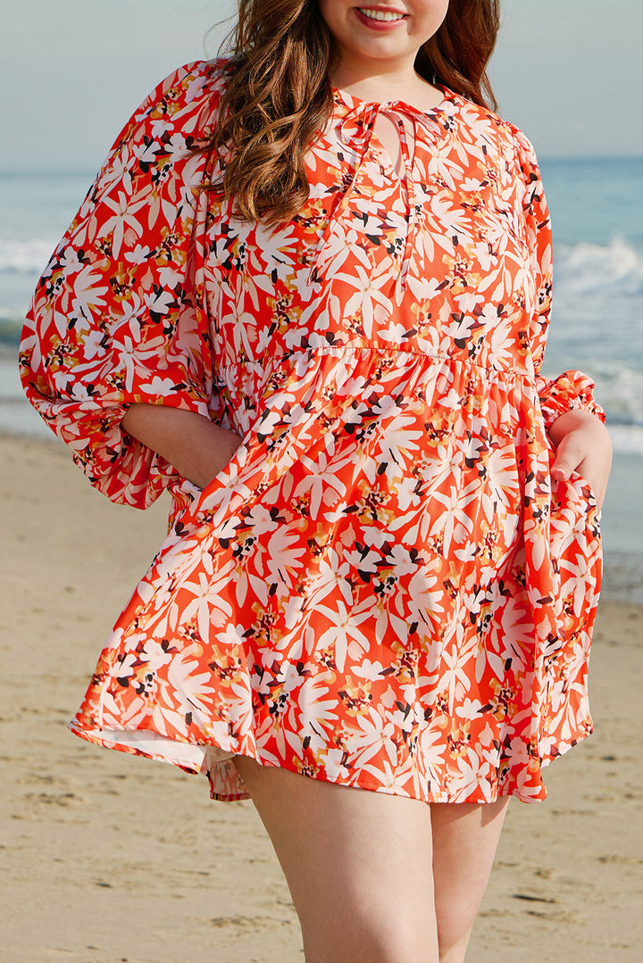 Floral Print Split V Neck Bubble Sleeve Plus Size Midi Dress