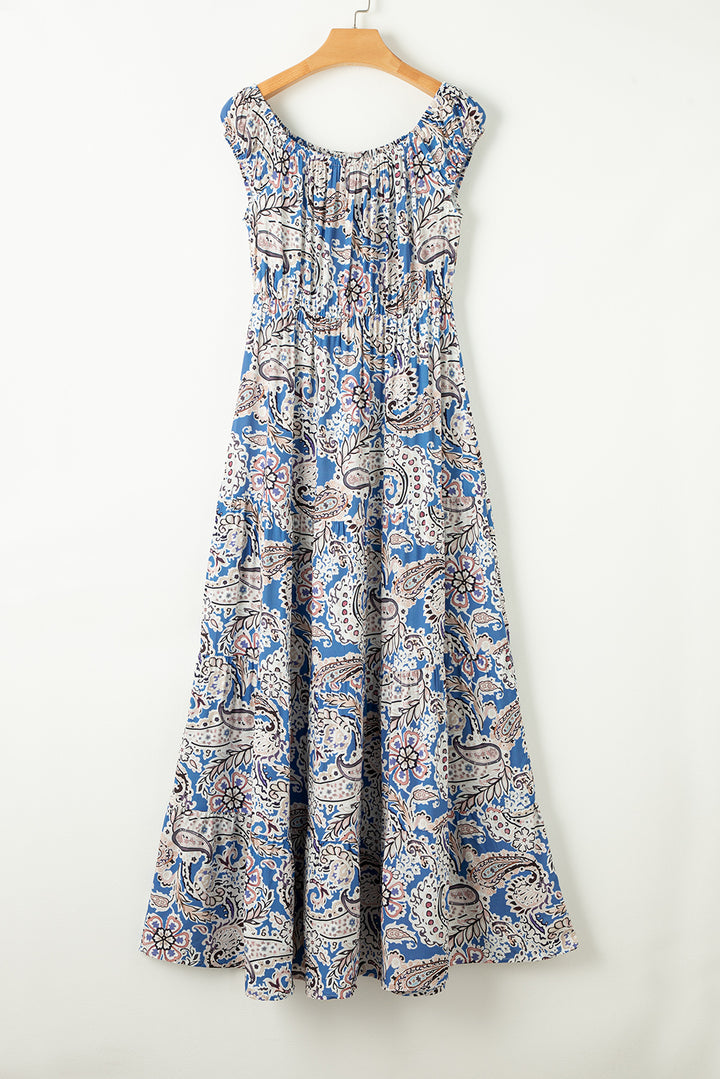 Blue Boho Paisley Print Off Shoulder Maxi Dress