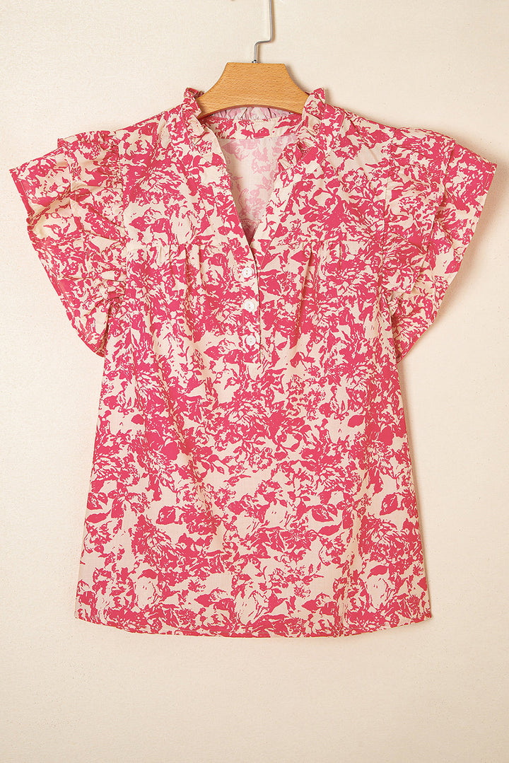 allover printed half button neck ruffle sleeve blouse