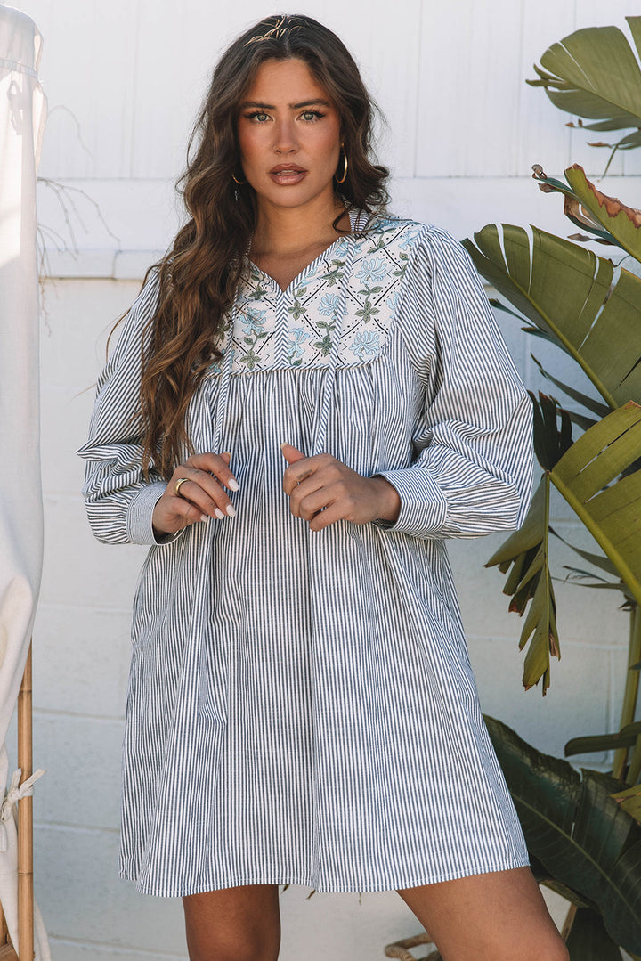 Floral Patchwork Tied V Neck Shift Long Sleeve Mini Dress