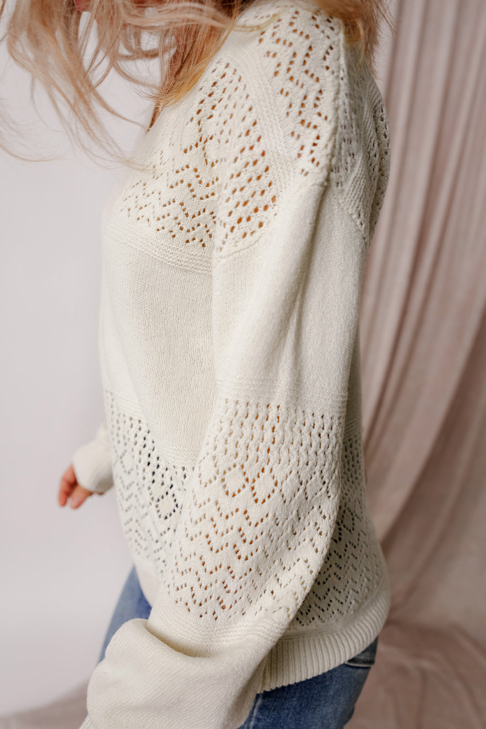 Eyelet Pattern Detail V Neck Drop Shoulder Sweater