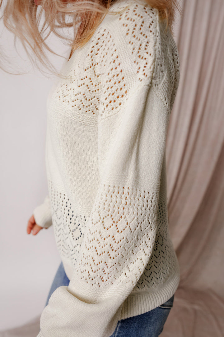 Eyelet Pattern Detail V Neck Drop Shoulder Sweater