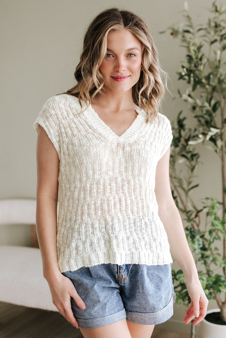 Notched V Neck Short Sleeve Sweater