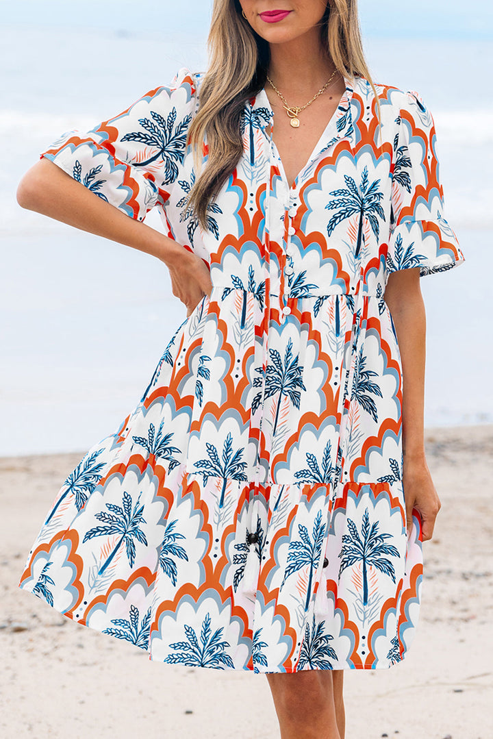contrast palm tree printed short sleeve flowy dress