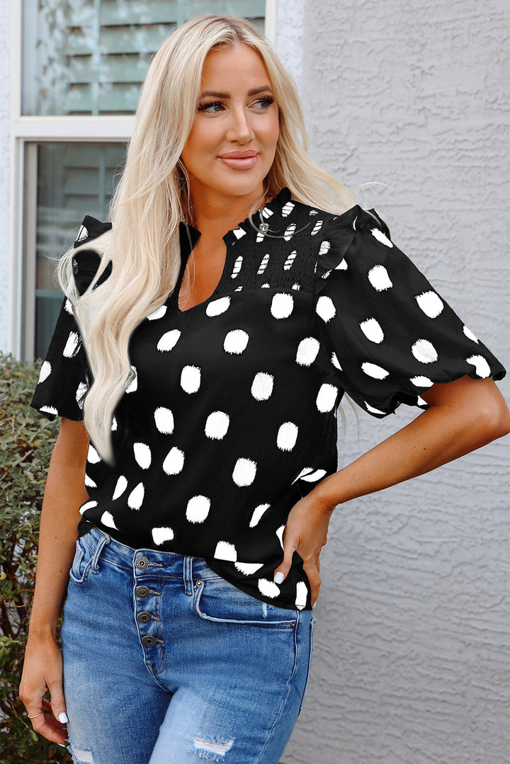 Polka Dot Print Shirred Yoke Notched Neck Balloon Sleeve Blouse