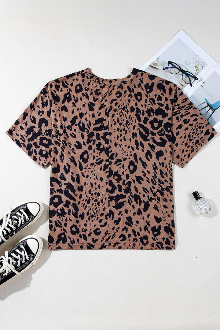 leopard print v neck half sleeve oversized tee