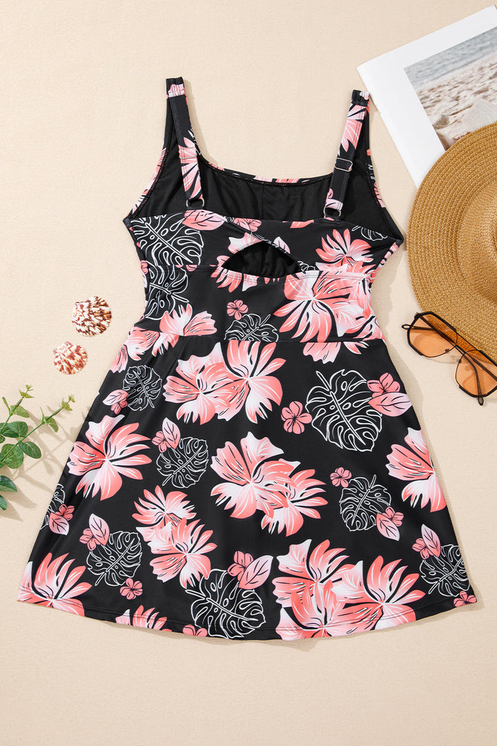 floral print twisted hollowed back swim dress