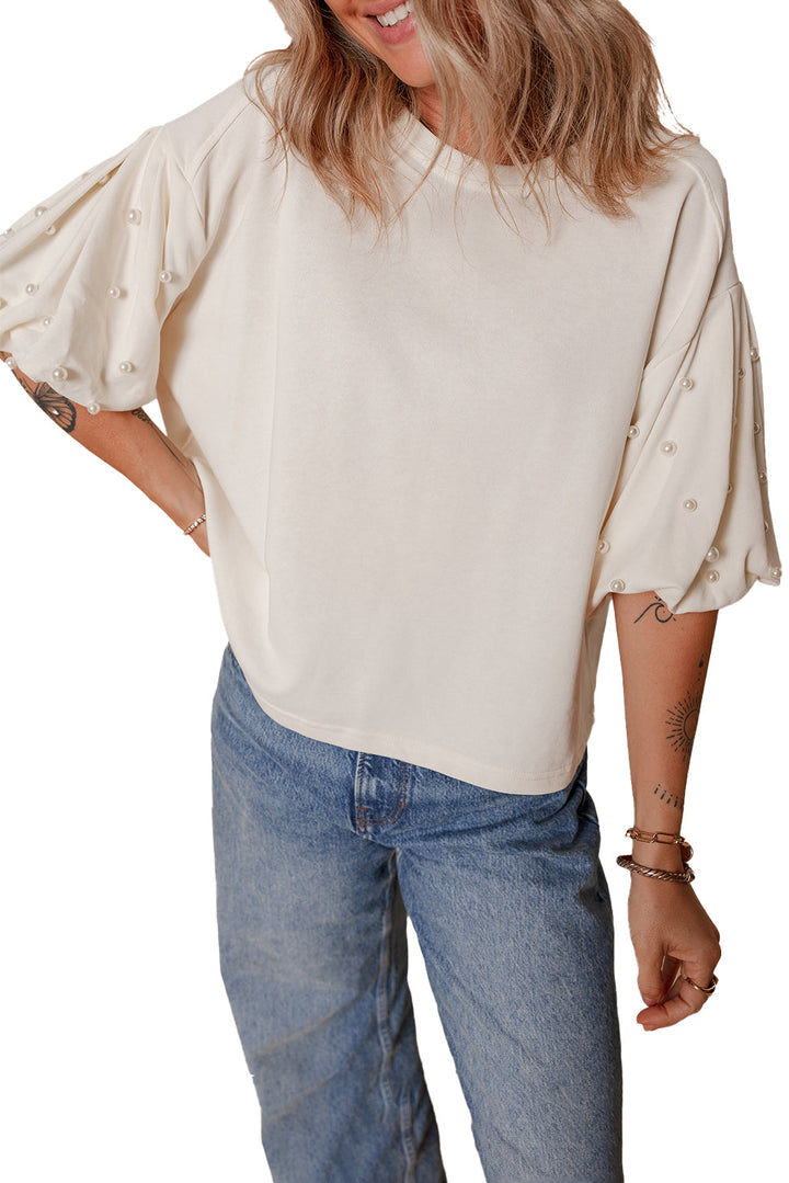 Pearled Puff Sleeve Round Neck Loose Top