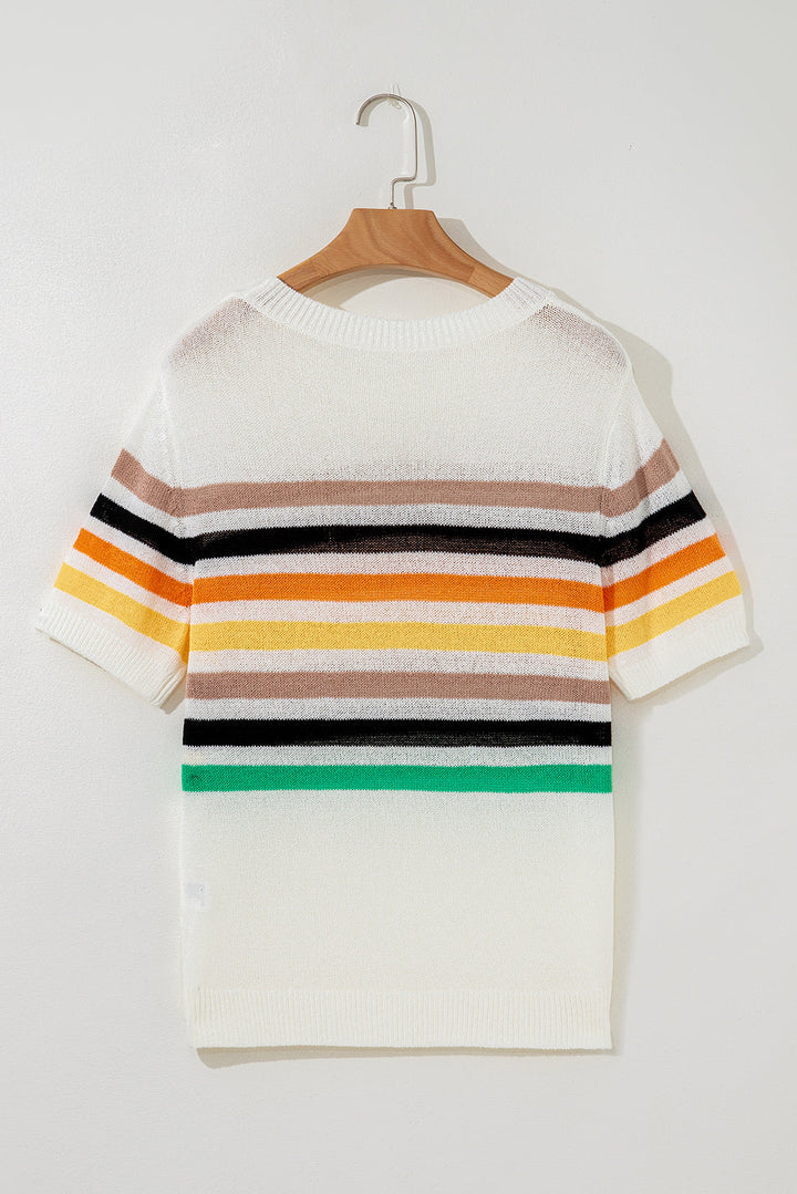 Striped Pocketed Loose Fit Crewneck Knitted T Shirt
