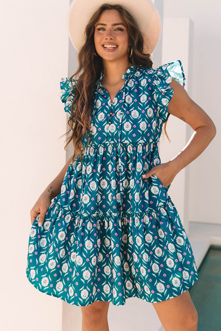 Retro Floral Print Split Neck Ruffle Short Sleeve Dress