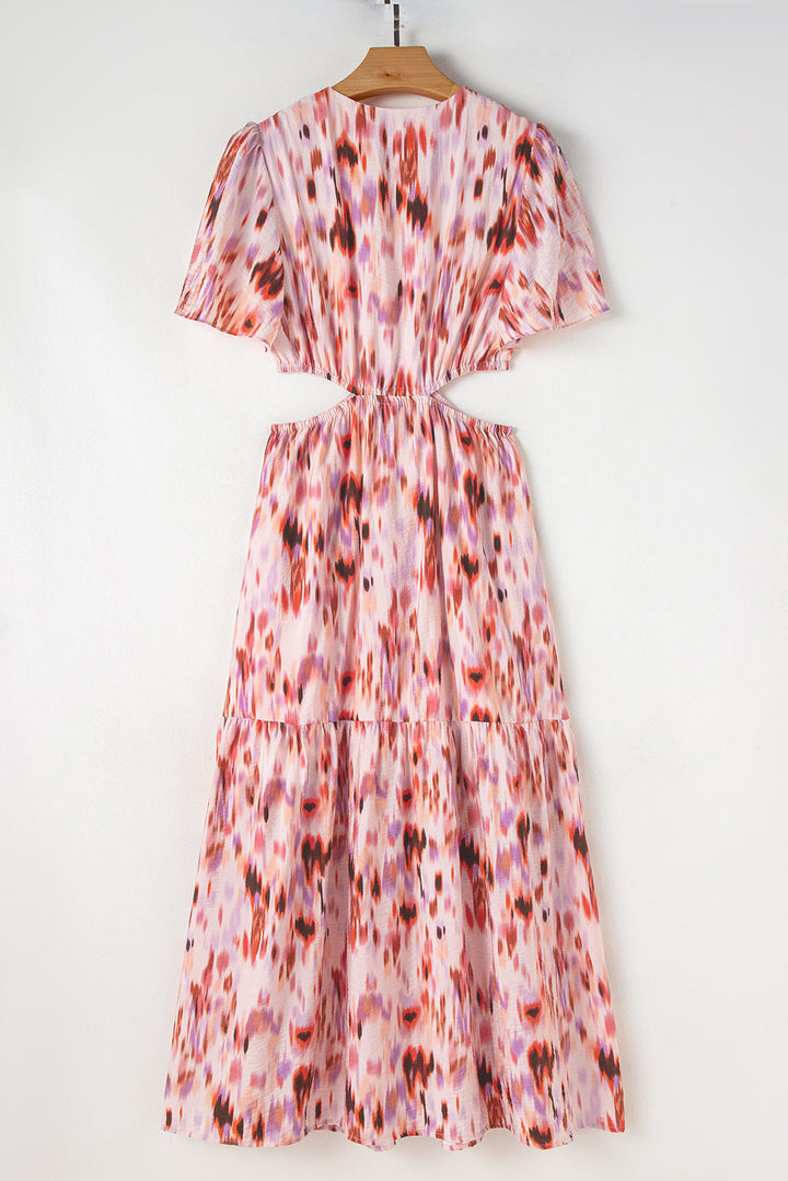 Abstract Printed Flutter Sleeve Daring Cutout Long Dress