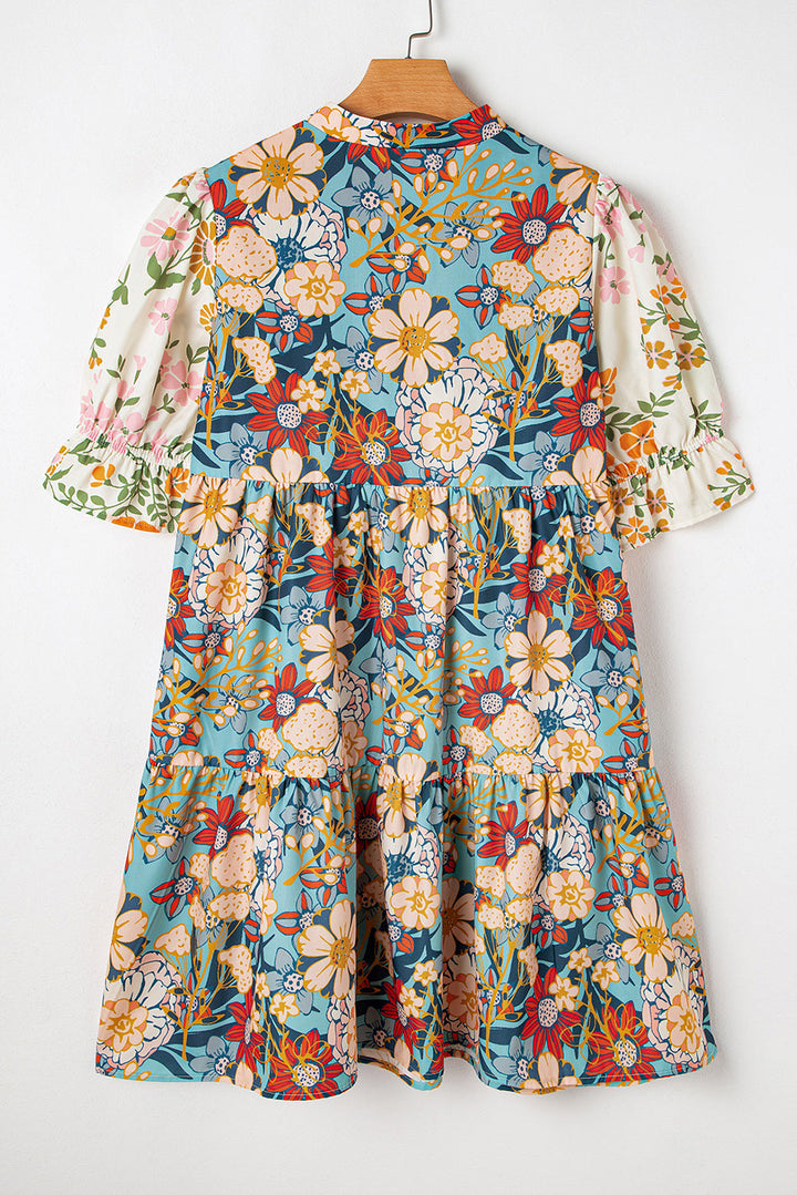 boho floral print crochet patchwork v neck loose mini dress