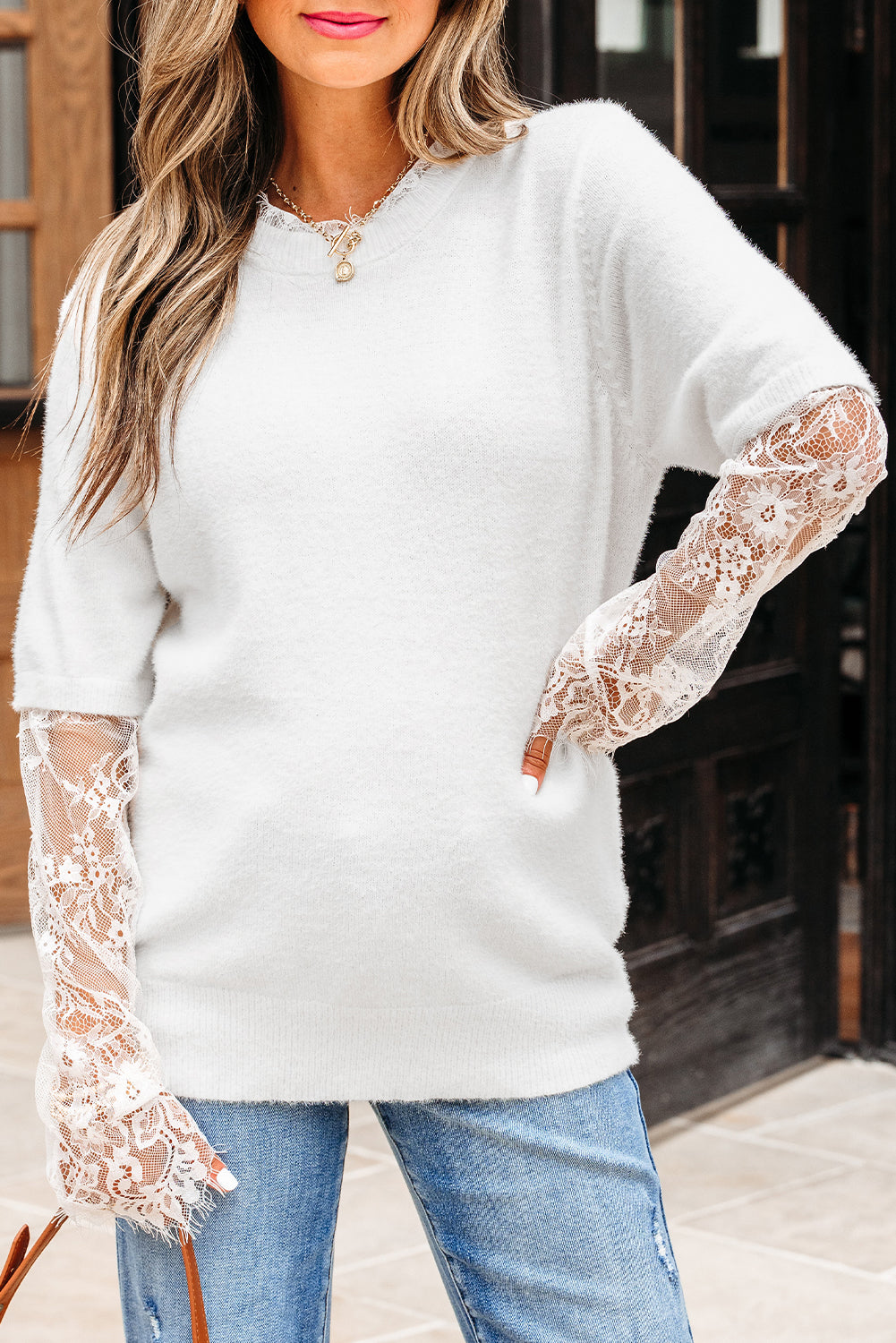 Lace Sleeve Patchwork Faux Two-piece Fuzzy Sweater