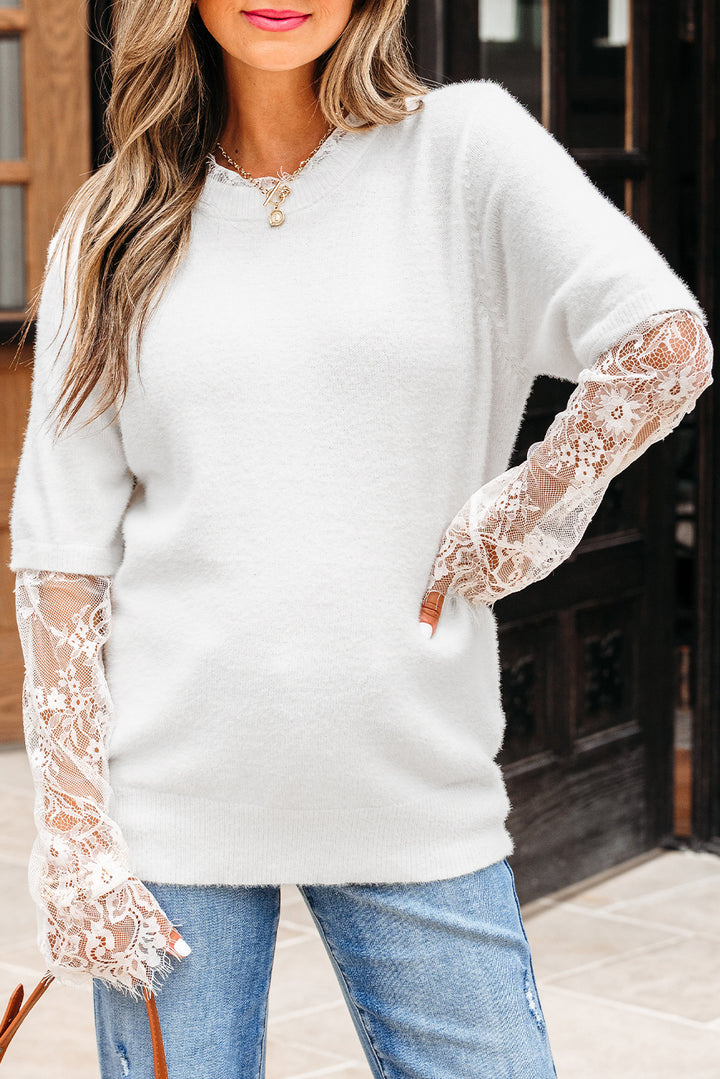 Lace Sleeve Patchwork Faux Two-piece Fuzzy Sweater