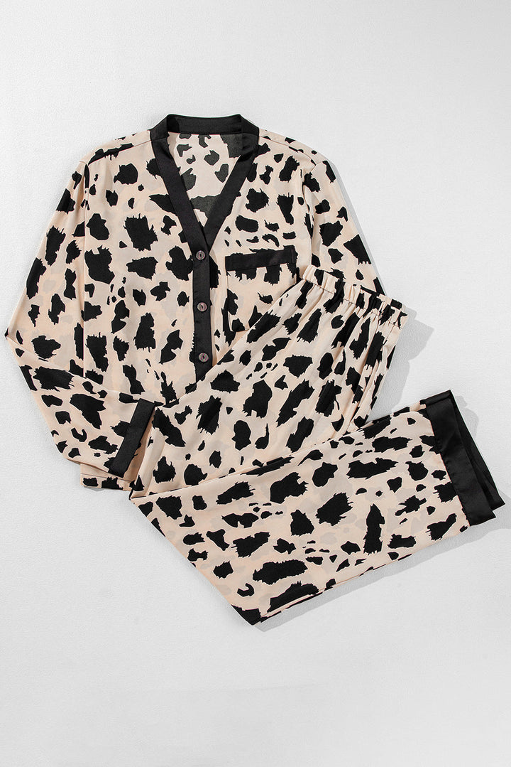 cheetah contrast trim loose fit two piece sleepwear