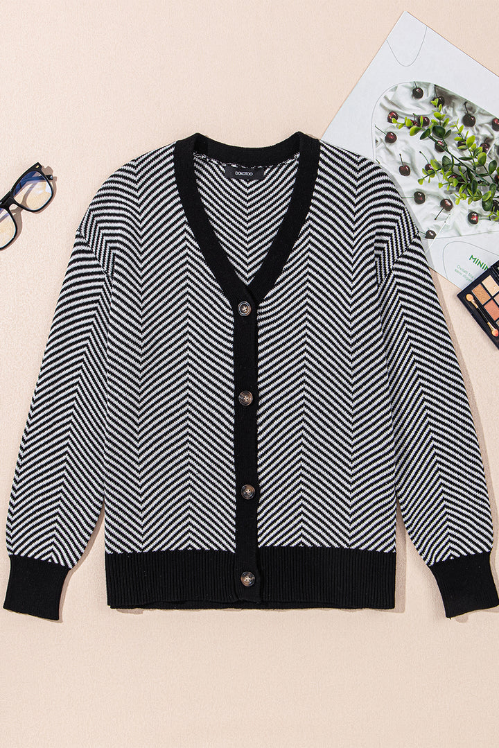 Buttoned Front V Neck Herringbone Cardigan
