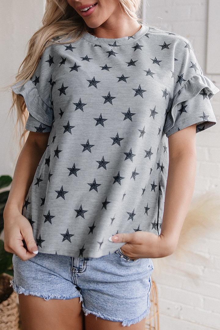 star print tiered ruffled sleeve crew neck t shirt