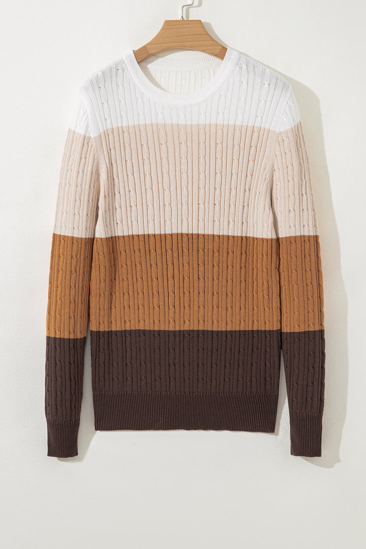 Colorblock Cable Knit Round Neck Sweater