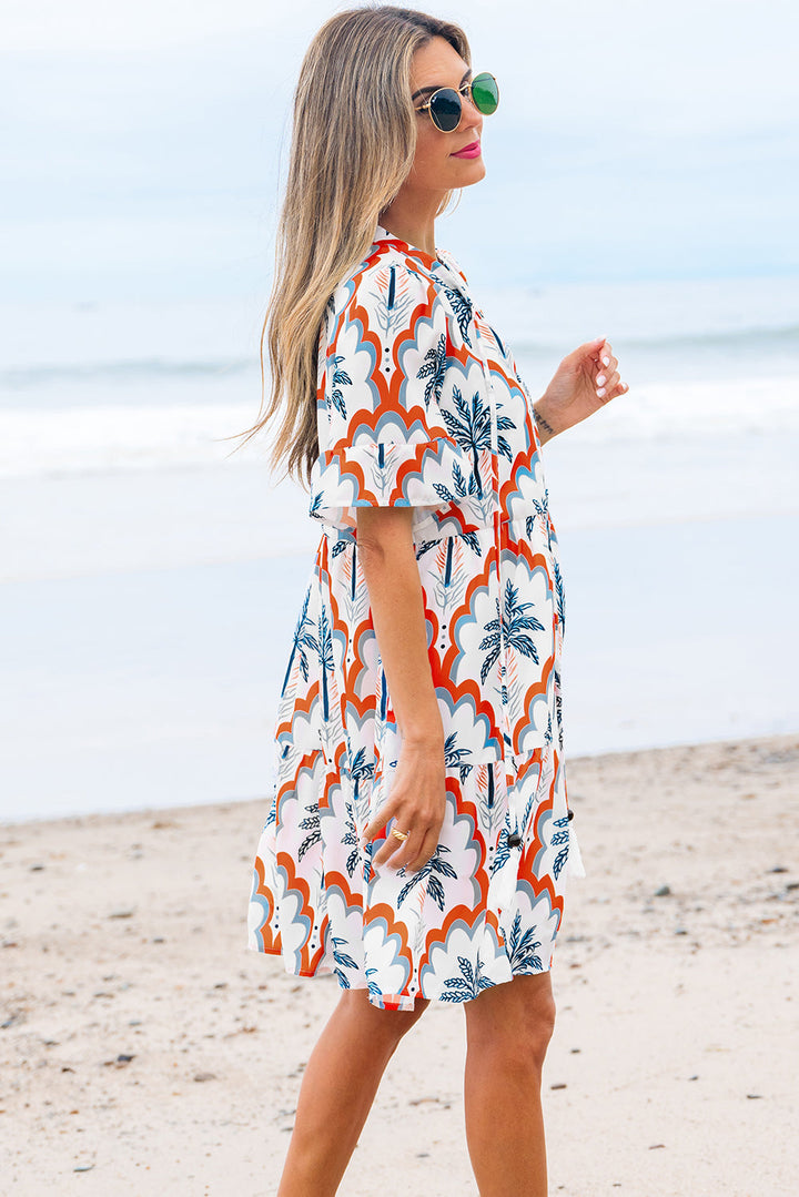contrast palm tree printed short sleeve flowy dress