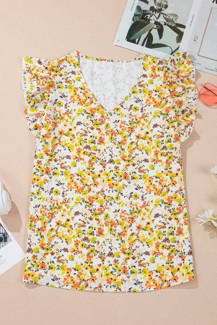 Floral Print Ruffled Sleeveless V Neck Tank Top