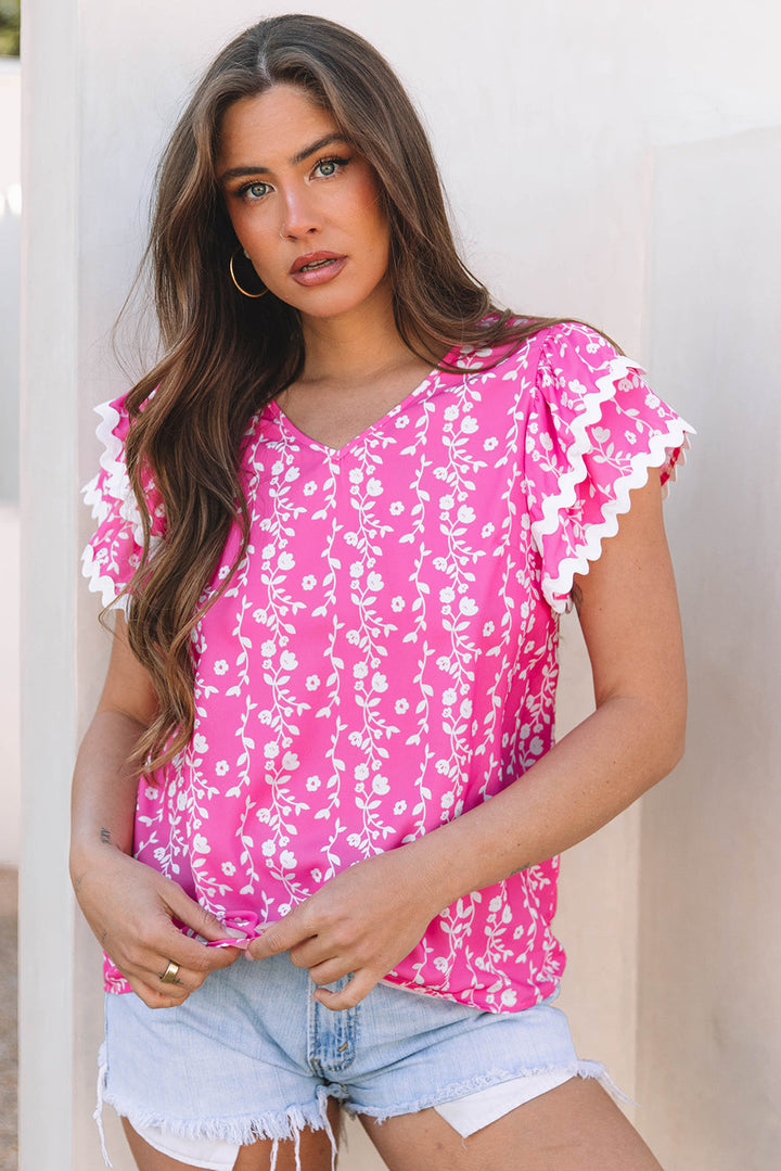 Floral Print Ric-rac Tiered Ruffled V Neck Blouse