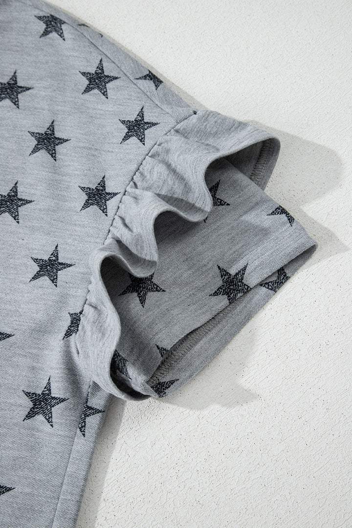 star print tiered ruffled sleeve crew neck t shirt