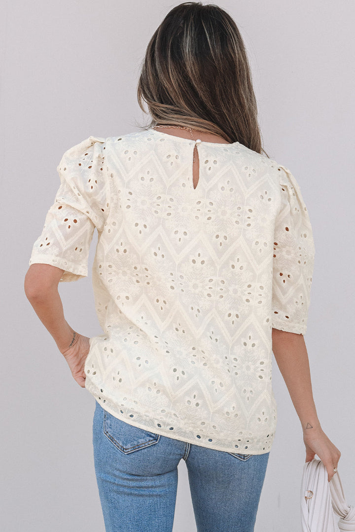 Eyelet Embroidered Half Sleeve Casual Blouse