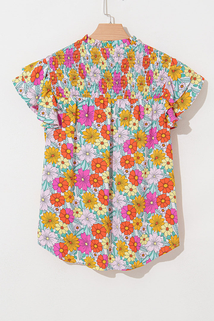 Floral Print Shirred Tiered Ruffled Sleeve Blouse