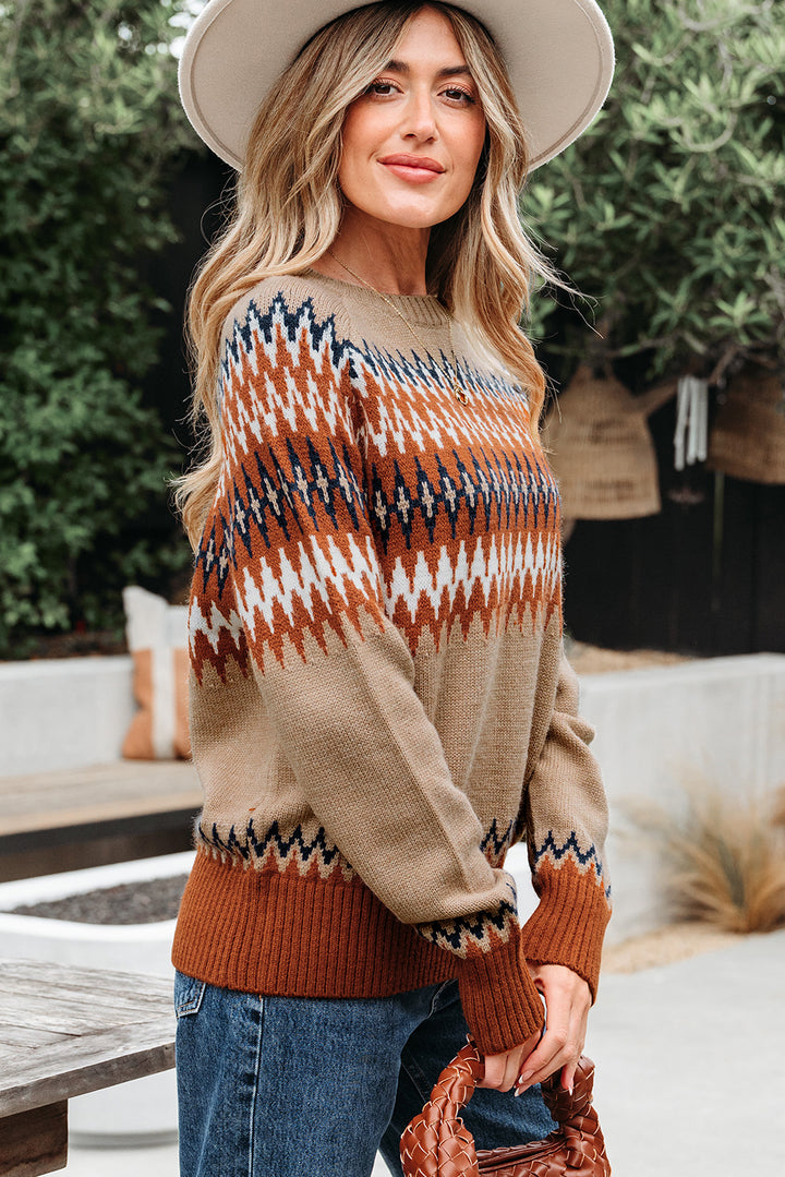 Aztec Print Colorblock Crew Neck Sweater