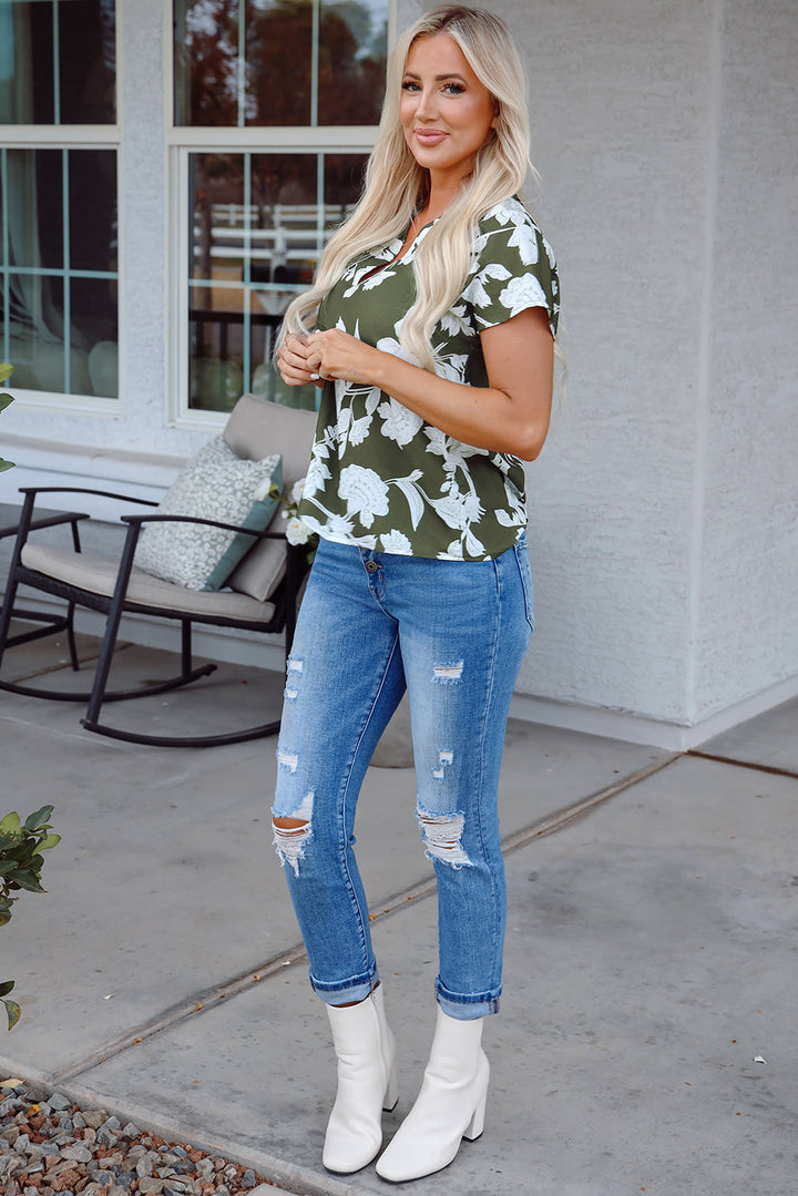 Floral Print Split Neck Short Sleeve Blouse