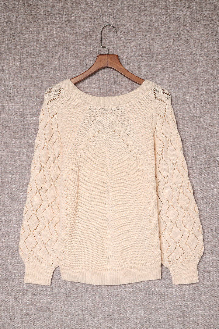 Schicker beigefarbener Strickpullover mit Hohlsaum und Puffärmeln