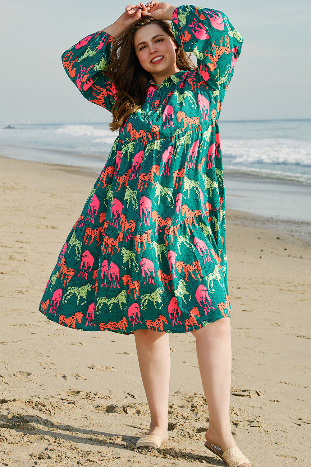 Horse Printed Long Sleeve Collared Buttoned Plus Size Midi Dress