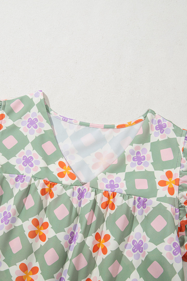 geometric floral print layered flutter sleeve v neck ric rac trim blouse