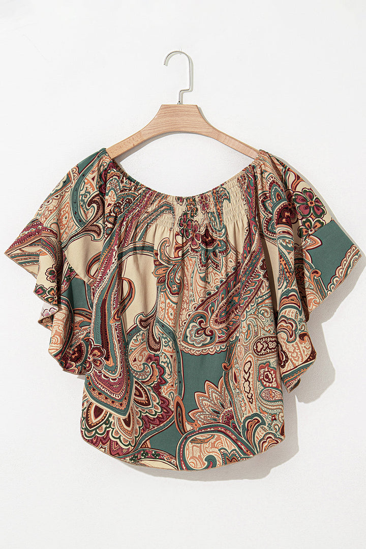Paisley Printed Shirred Off Shoulder Ruffled Draped Sleeve Blouse