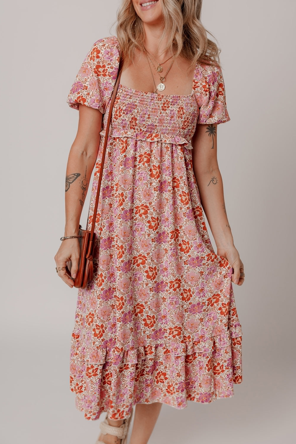 Floral Square Neck Knotted Ruffle Midi Dress