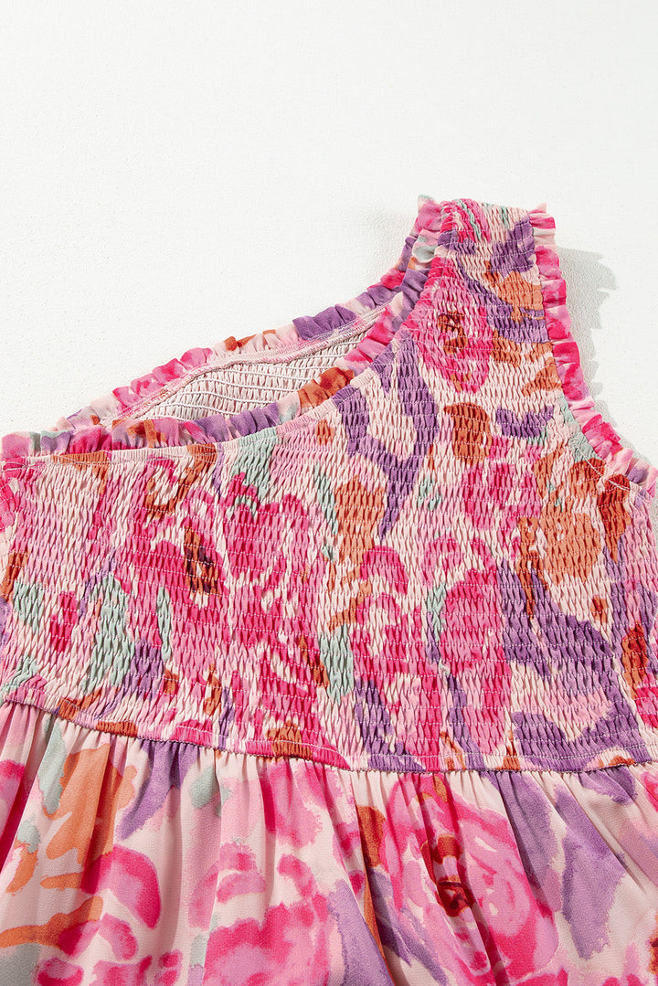 Abstract Floral Print Shirred One Shoulder Maxi Dress