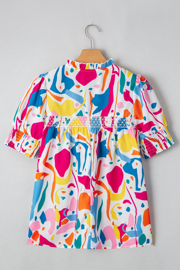 Abstract Print Lace Detail Shirred Short Sleeve Split Neck Blouse