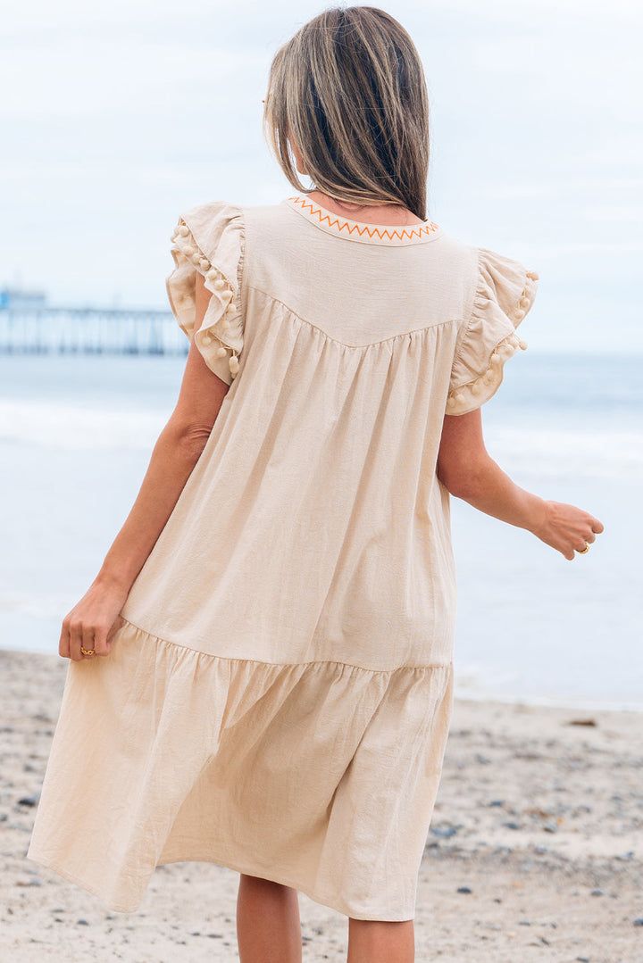 linen embroidery split neck pom pom ruffle sleeves flowy short dress