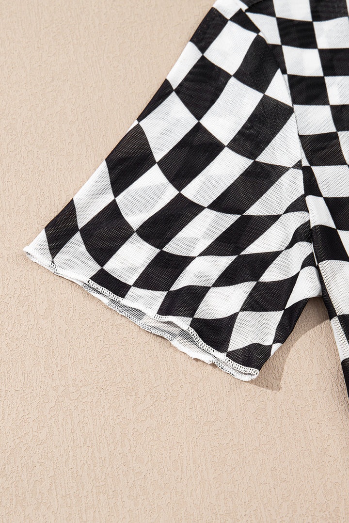 checker mesh crew neck t shirt