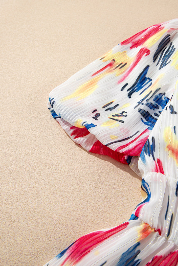 Abstract Print Short Puff Sleeve Tiered Maxi Dress