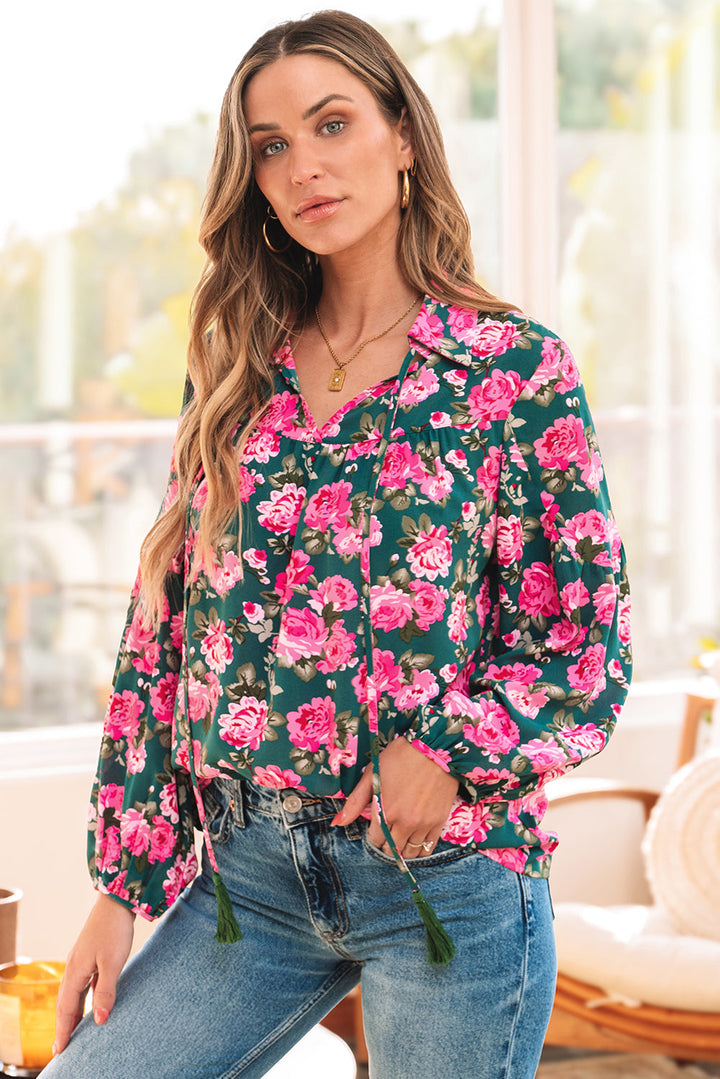 Floral Printed Tied Collar Puff Sleeve Blouse
