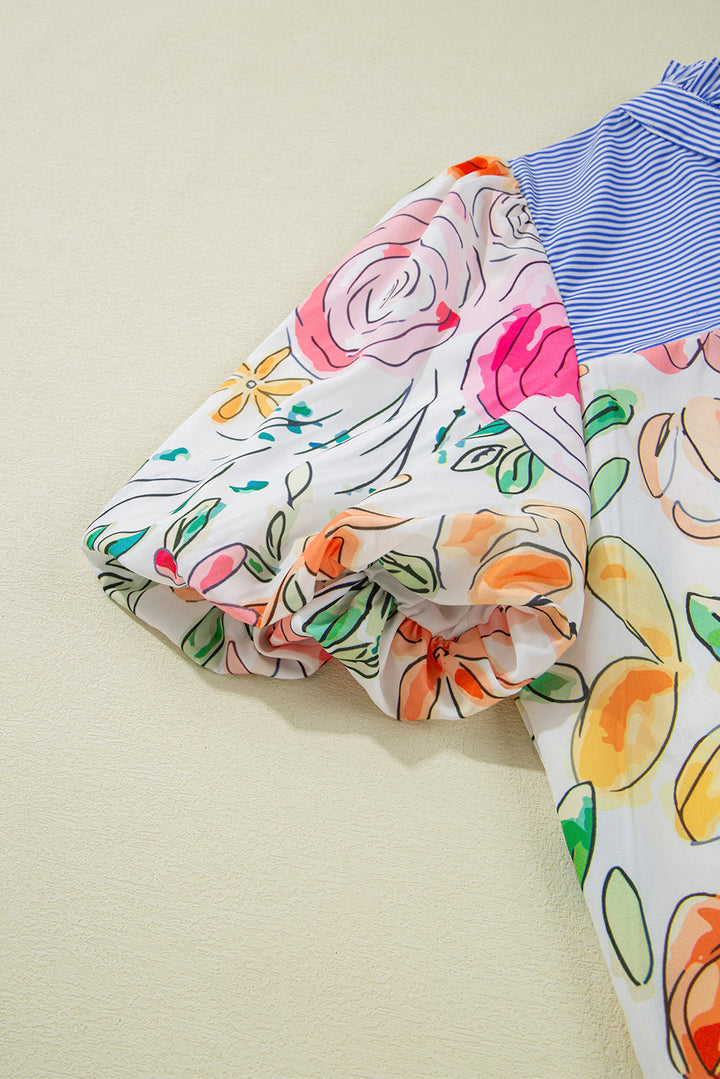 DEARLOVER  Floral Print Striped Yoke Frilled V Neck Puff Short Sleeve Blouse